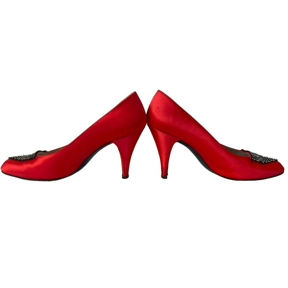 Vintage Charles Jourdan Shoes Heels Leather Red Satin Rhinestone Size 9 Paris - Picture 10 of 10